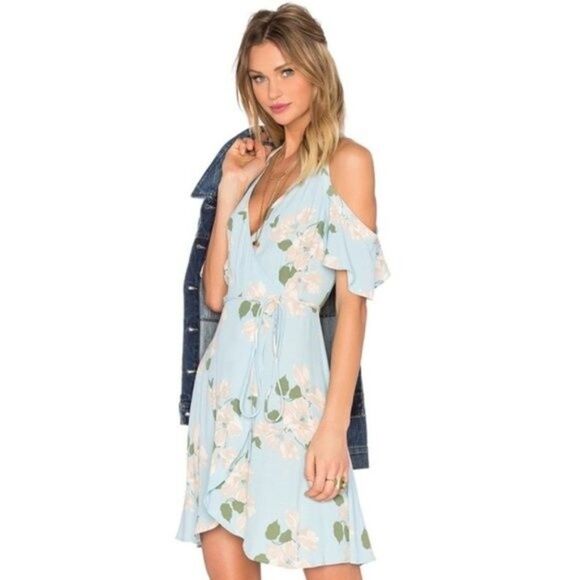 Privacy Please Dresses & Skirts - Privacy Please Delta floral cold shoulder wrap Dress light Blue XS